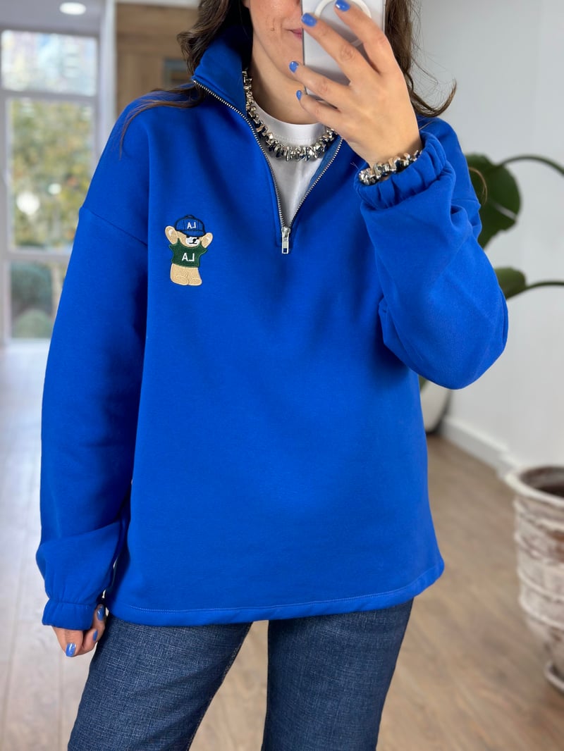 Yakası Fermuarlı Teddy Nakışlı Sweatshirt - Lacivert