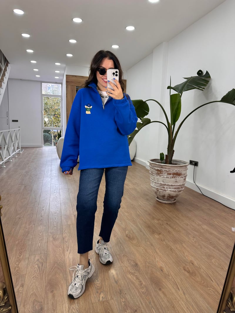Yakası Fermuarlı Teddy Nakışlı Sweatshirt - Lacivert