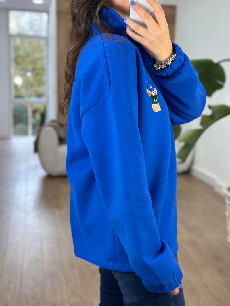 Yakası Fermuarlı Teddy Nakışlı Sweatshirt - Lacivert