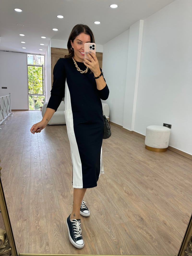 Yanı Cepli Çizgi Detaylı Sweat Elbise-Ekru