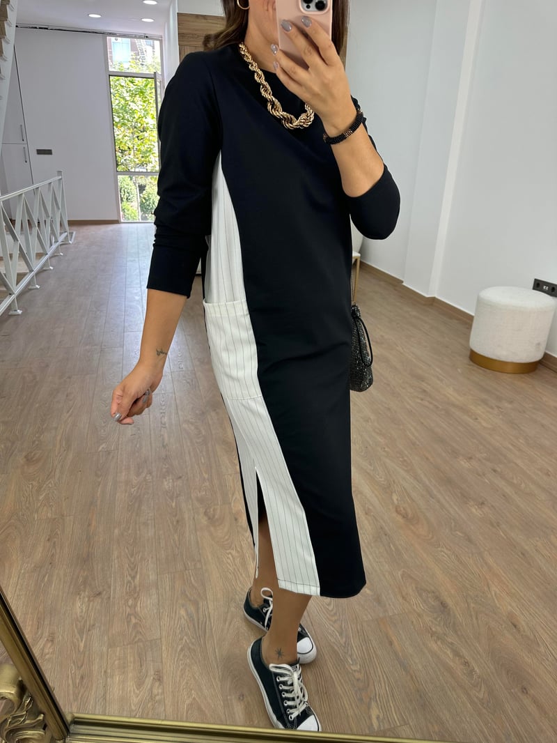 Yanı Cepli Çizgi Detaylı Sweat Elbise-Ekru