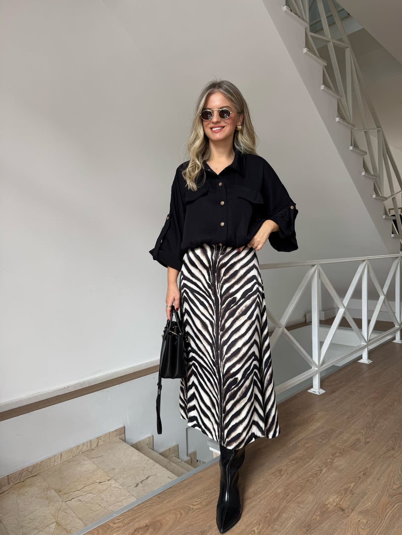 Zebra Desenli Midi Boy Etek - Ekru