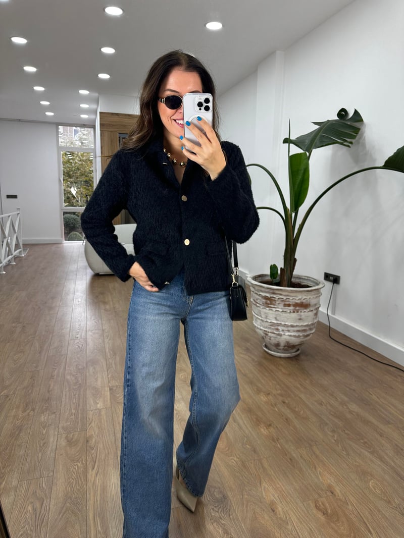 Zigzag Desen Triko Ceket - Siyah