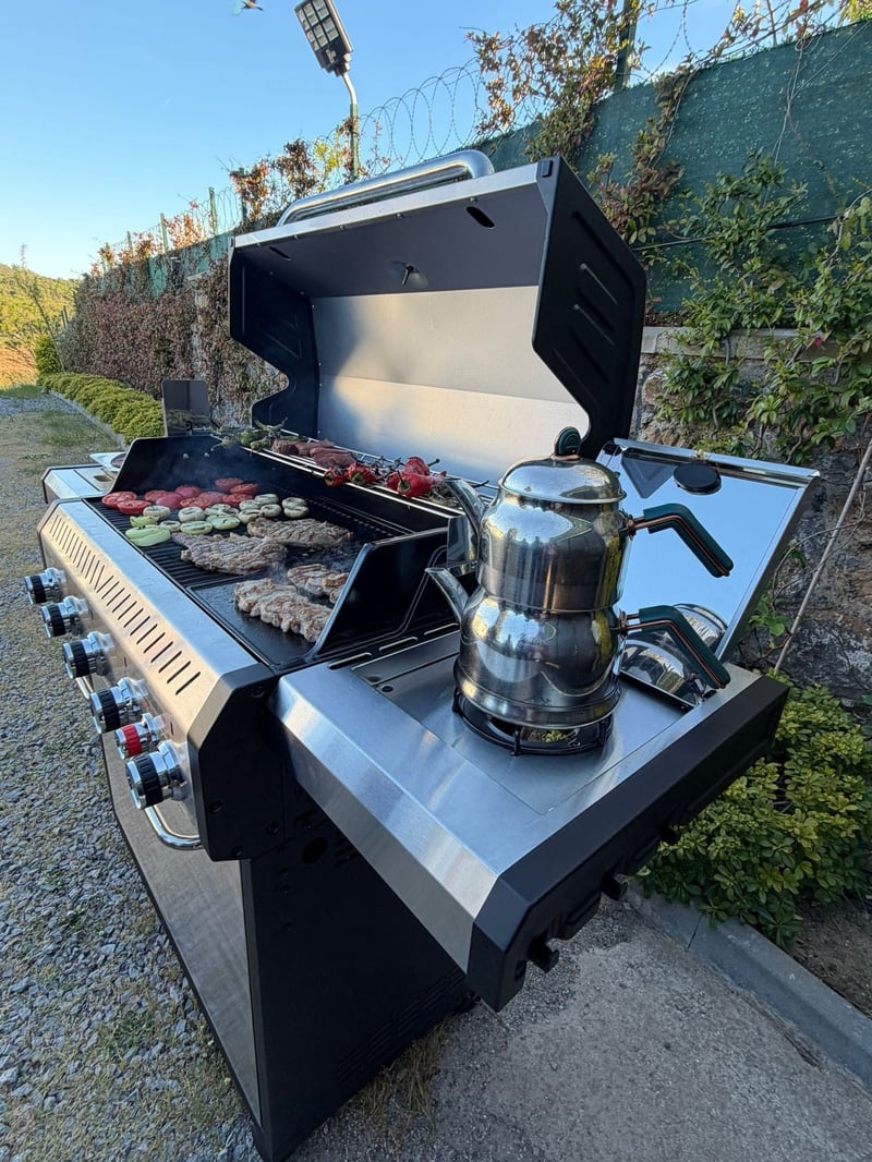 AsafGastro 5 Brülörlü Tüplü Gazlı Mangal Barbekü (Yan Ocaklı, Döküm Izgaralı ve Şiş Çevirmeli)