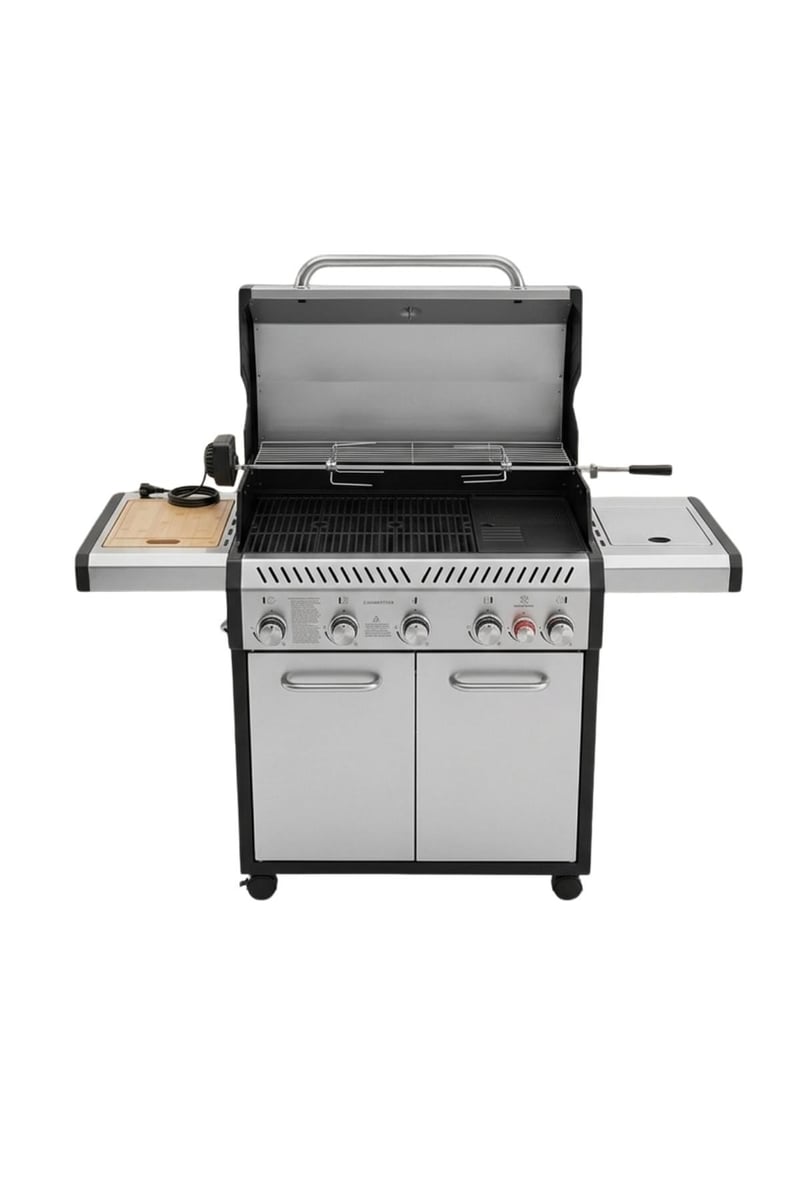 AsafGastro 5 Brülörlü Tüplü Gazlı Mangal Barbekü (Yan Ocaklı, Döküm Izgaralı ve Şiş Çevirmeli)
