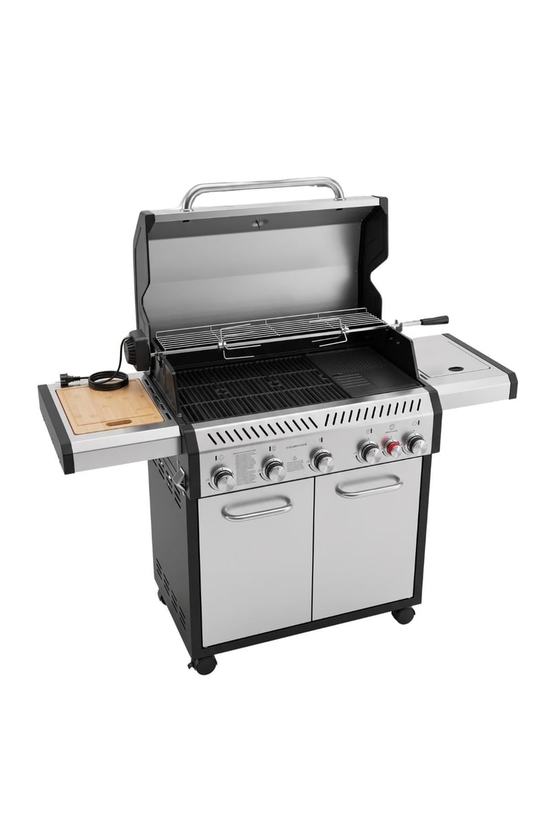 AsafGastro 5 Brülörlü Tüplü Gazlı Mangal Barbekü (Yan Ocaklı, Döküm Izgaralı ve Şiş Çevirmeli)