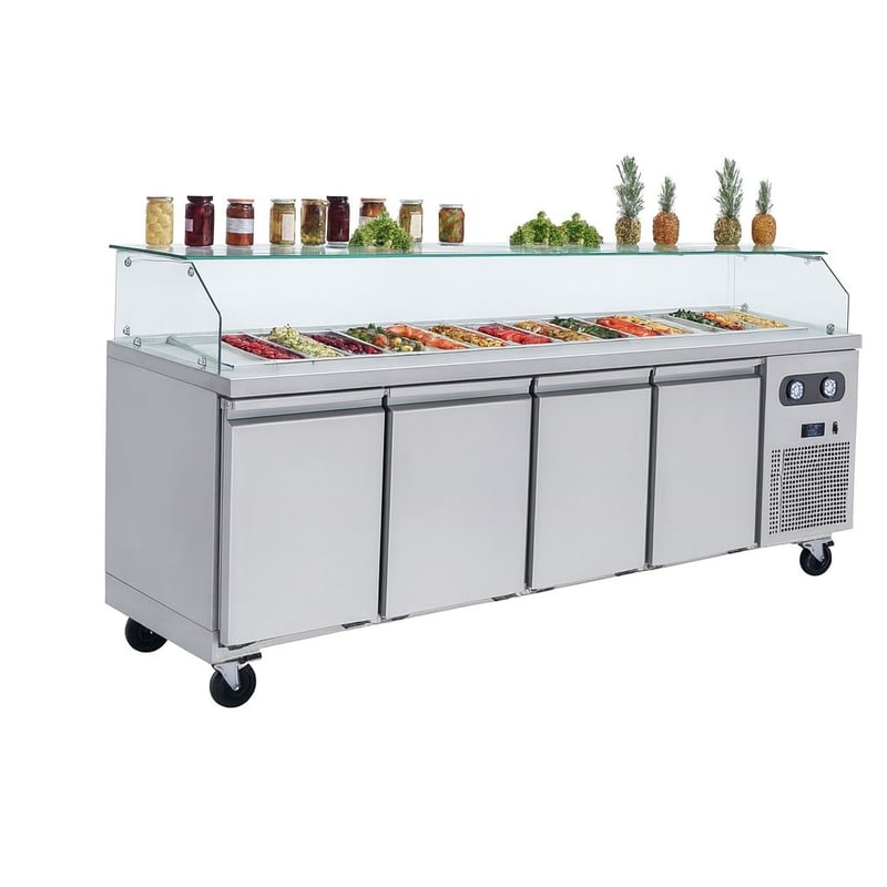 Frenox 233x70x130 cm. 10 Adet GN-1/6x100 Küvet Kapasiteli,Camlı Soğuk Servis Üniteli Yatay Tip Buzdolabı KCN4-R290