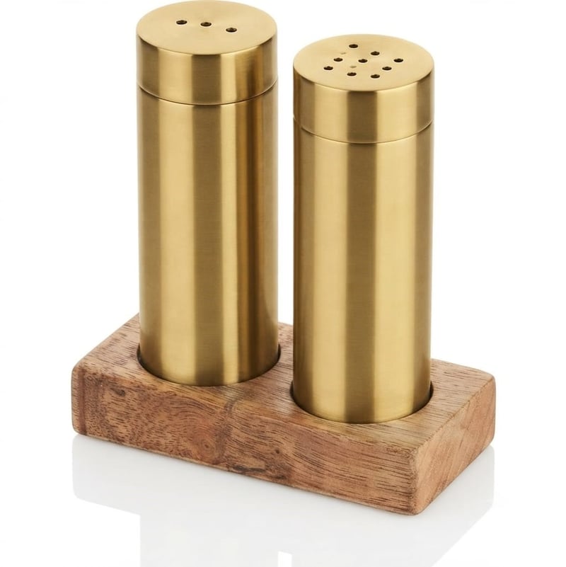 Kitchen Mall 2'Lİ Boru Tuzluk Ahşap Standlı (PVD Gold) KM483