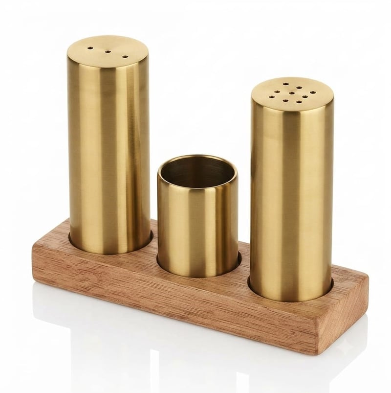 Kitchen Mall 3'LÜ Boru Tuzluk Ahşap Standlı (PVD Gold) KM485