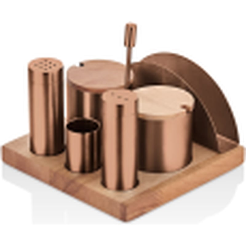 Kitchen Mall 3'LÜ Boru Tuzluk TK -2*BAHARATLIK-PEÇETELİK Ahşap Standlı (PVD Bakır) KM502