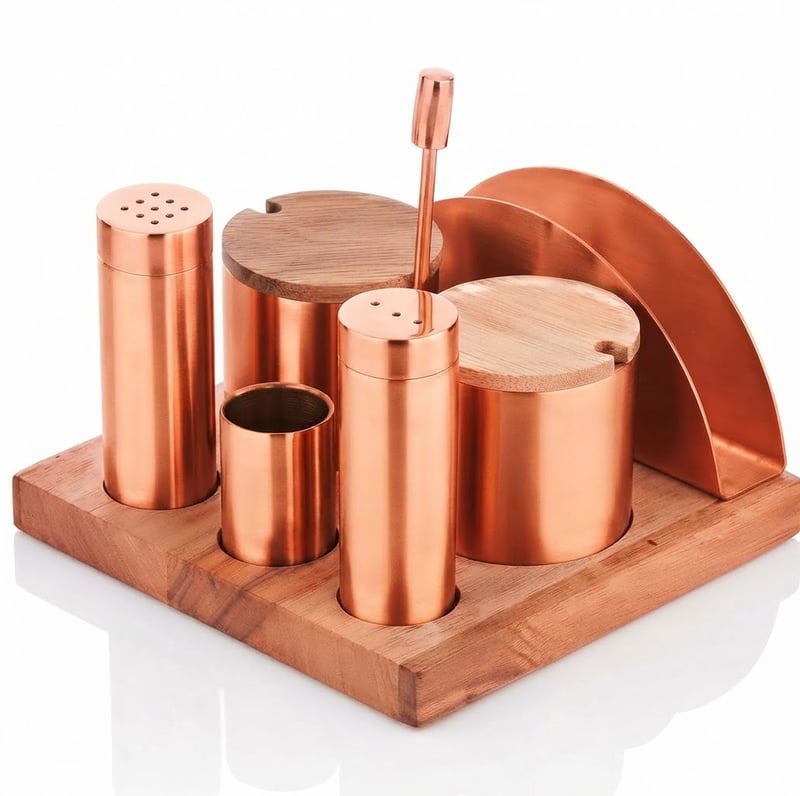Kitchen Mall 3'LÜ Boru Tuzluk TK -2*BAHARATLIK-PEÇETELİK Ahşap Standlı (PVD Bakır) KM502