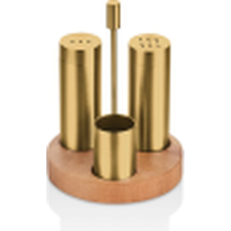 Kitchen Mall 3'LÜ Boru Tuzluk TK Yuvarlak Ahşap Standlı (PVD Gold) KM484