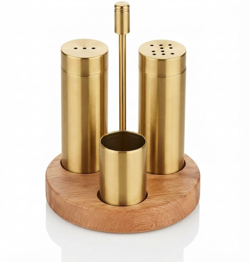 Kitchen Mall 3'LÜ Boru Tuzluk TK Yuvarlak Ahşap Standlı (PVD Gold) KM484