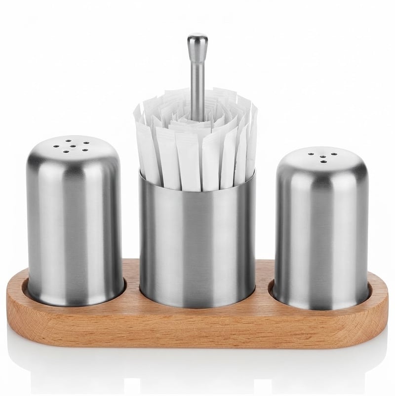 Kitchen Mall 3'LÜ Tuz+Karabiber+Şekerlik/ Kürdanlık Telli Ahşap Standlı KM539