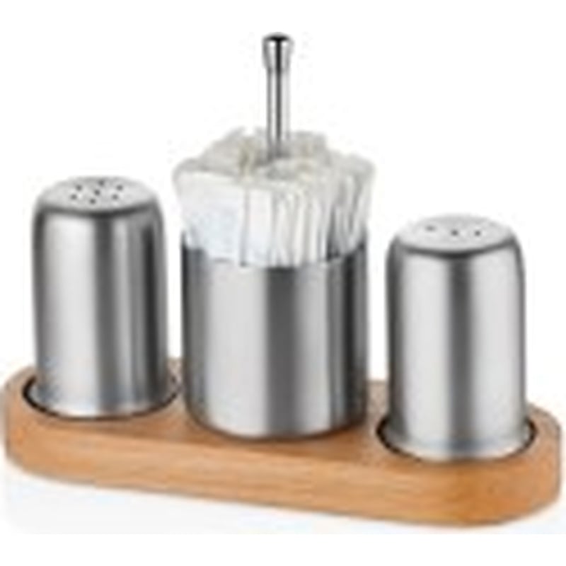Kitchen Mall 3'LÜ Tuz+Karabiber+Şekerlik/ Kürdanlık Telli Ahşap Standlı KM539