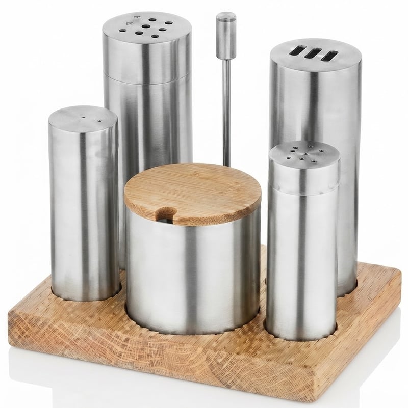 Kitchen Mall 4'LÜ Boru Tuzluk TK -Baharatlık Ahşap Standlı KM509