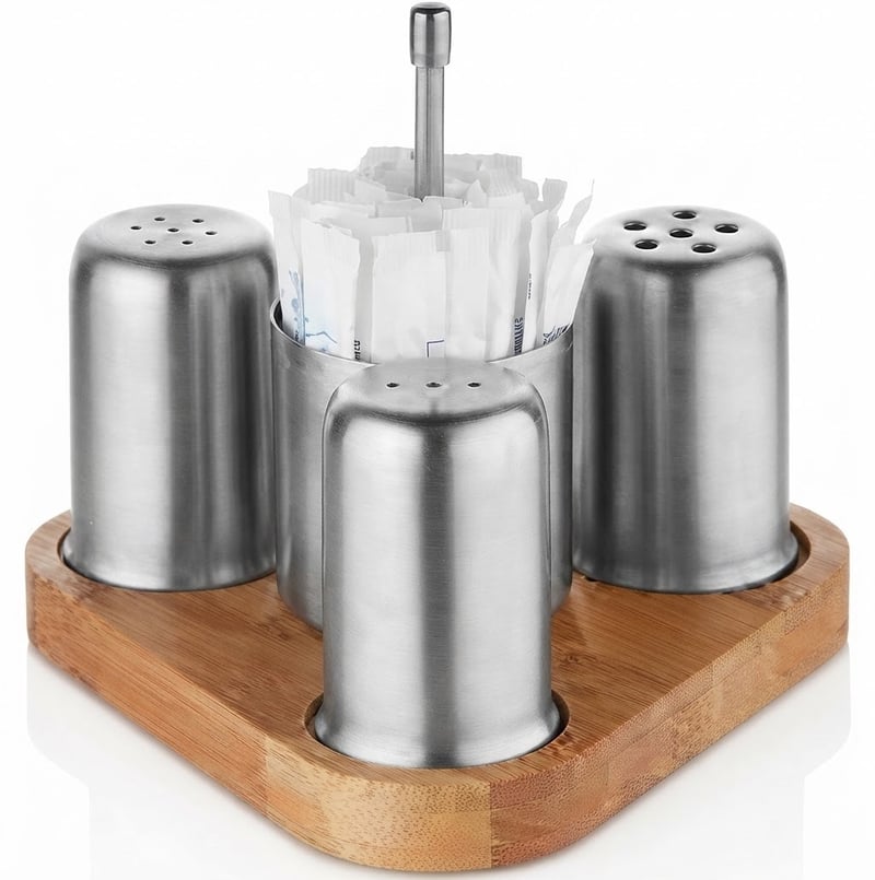 Kitchen Mall 4'LÜ Tuz+Karabiber+Pulbiber+ Şekerlik/Kürdanlık Telli Ahşap Stand KM540