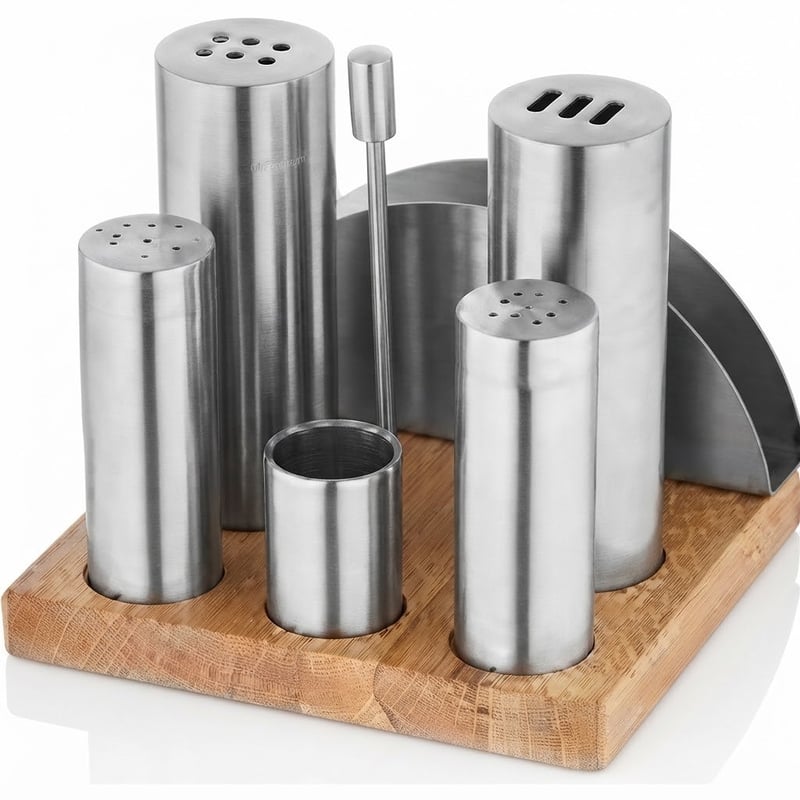 Kitchen Mall 5'Lİ Boru Tuzluk Peçetelikli Ahşap Standlı KM507