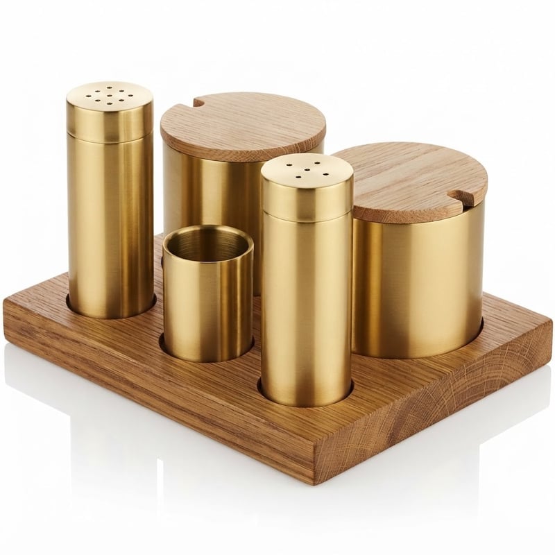Kitchen Mall Ahşap Standlı (PVD Gold) 3'LÜ Boru Tuzluk TK +2*BAHARATLIK Ahşap KM489