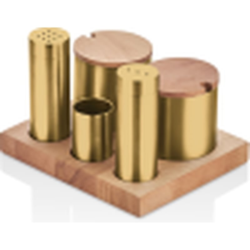 Kitchen Mall Ahşap Standlı (PVD Gold) 3'LÜ Boru Tuzluk TK +2*BAHARATLIK Ahşap KM489