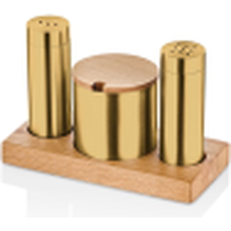 Kitchen Mall (PVD Gold) 2'Lİ Boru Tuzluk TK +Baharatlık Ahşap KM487