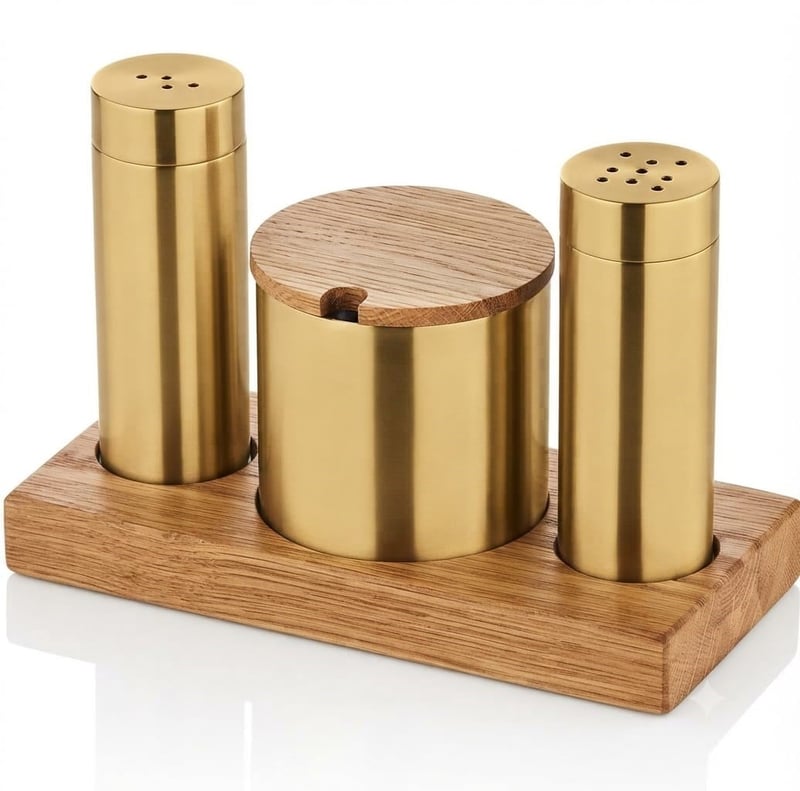Kitchen Mall (PVD Gold) 2'Lİ Boru Tuzluk TK +Baharatlık Ahşap KM487