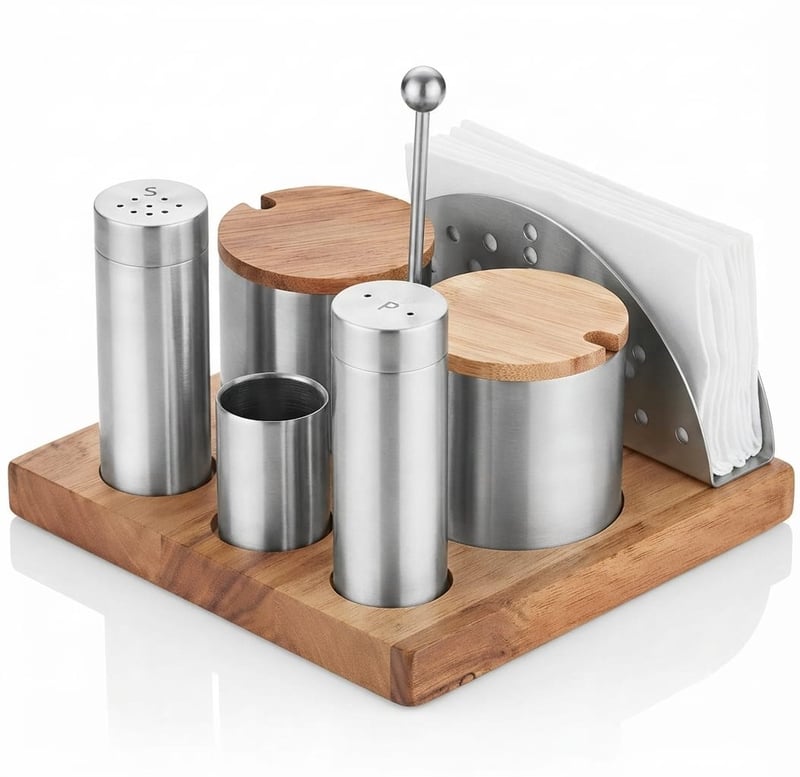 Kitchen Mall Standlı 3'LÜ Boru Tuzluk TK +2*BAHARATLIK+PEÇETEL Ahşap Standlı KM479