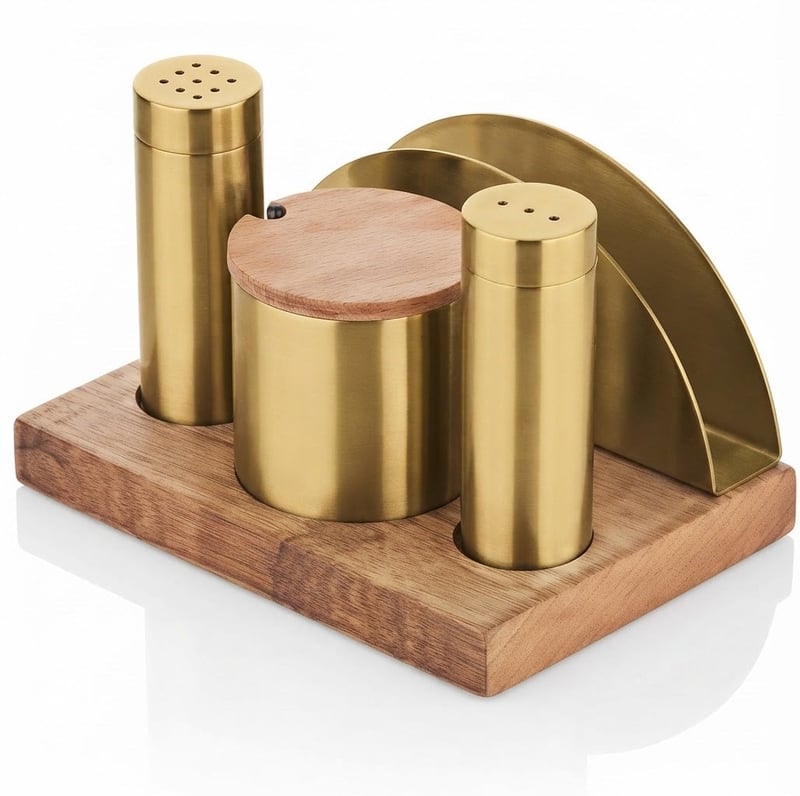 Kitchen Mall Standlı (PVD Gold) 2'Lİ Boru Tuzluk TK +Baharatlık+Peçetelik KM488