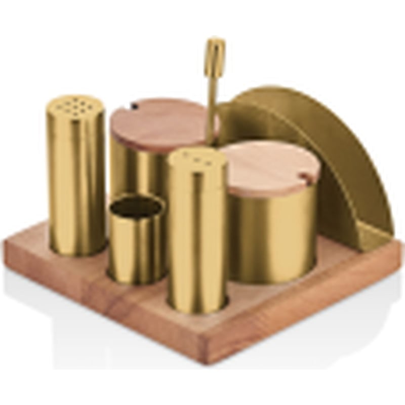 Kitchen Mall Standlı (PVD Gold) 3'LÜ Boru Tuzluk TK -2*BAHARATLIK-PEÇETELİK Ahşap Standlı (PVD Gold) KM490