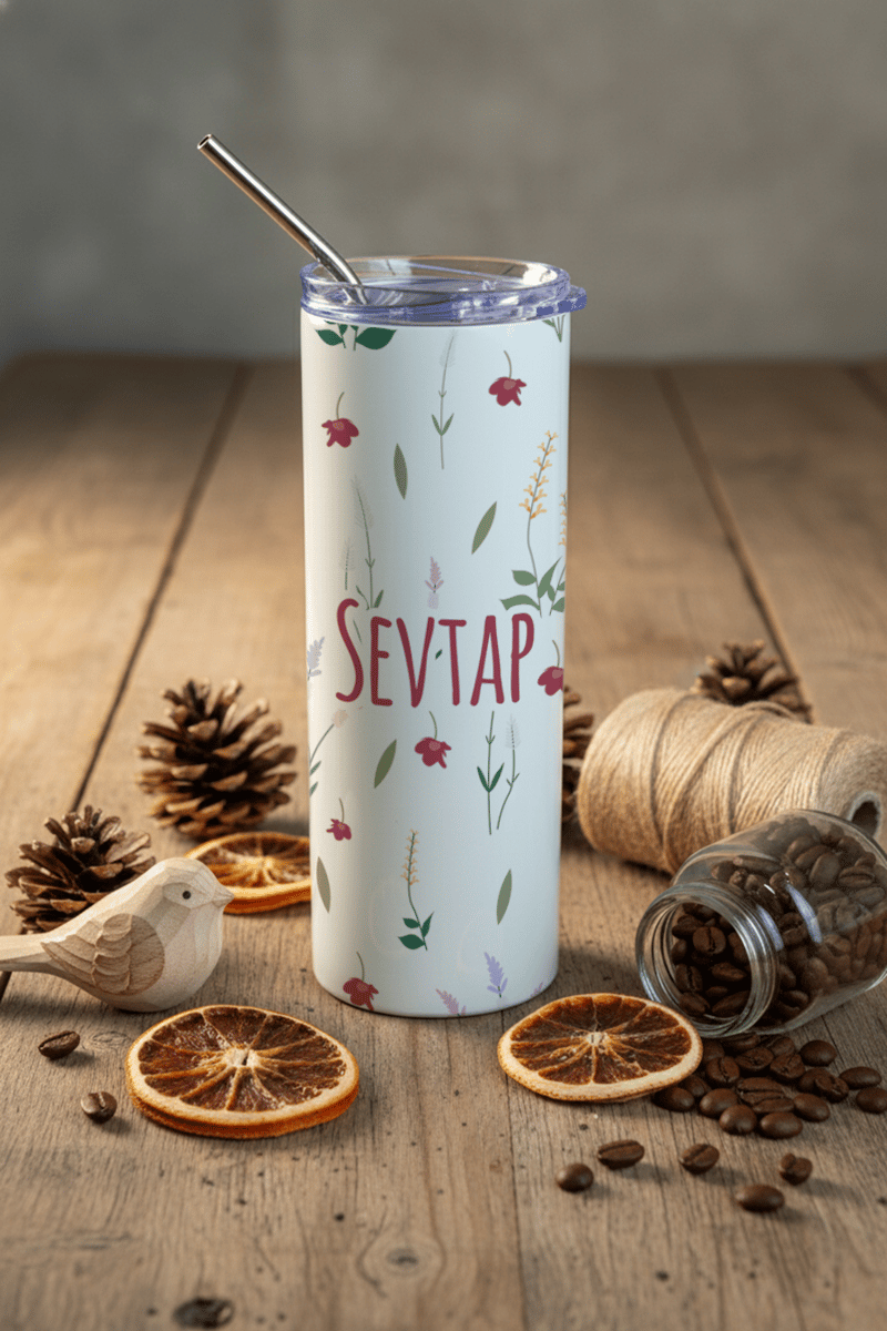 Çiçek Desenli Kişiye Özel Pipetli Çelik Termos