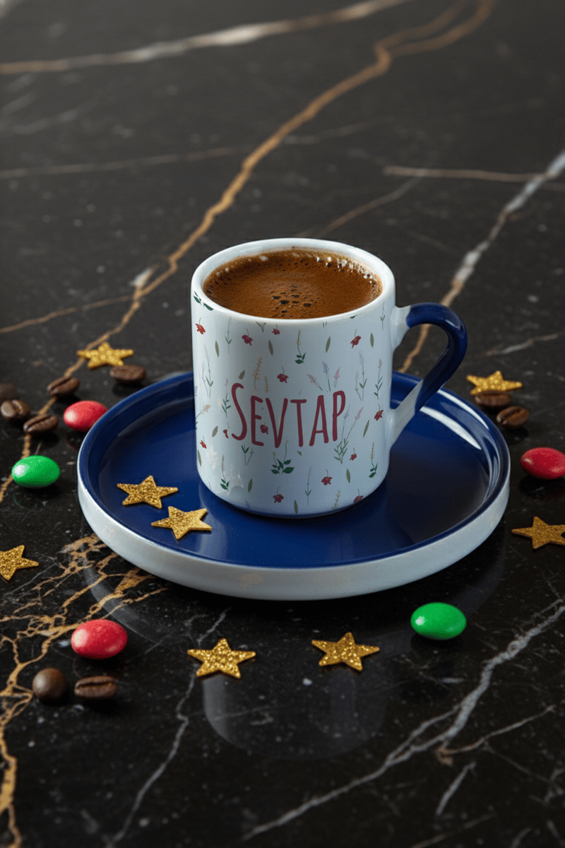 Çiçek Desenli Kişiye Özel Türk Kahvesi Fincanı