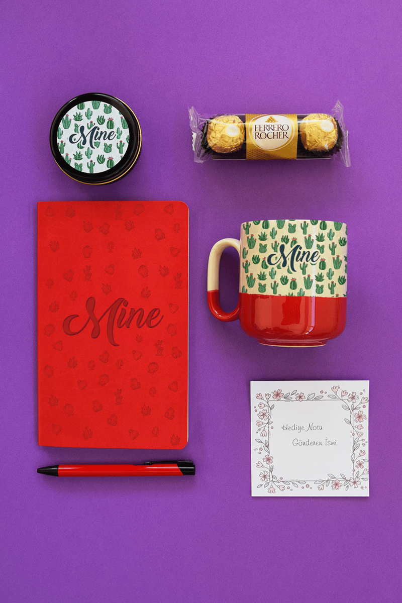 Desen Kaktüs Hediye Kutusu - Kişiye Özel Pro Kupa, Defter, Mum, Çikolata Ferrero Rocher 3'lü, Kalem