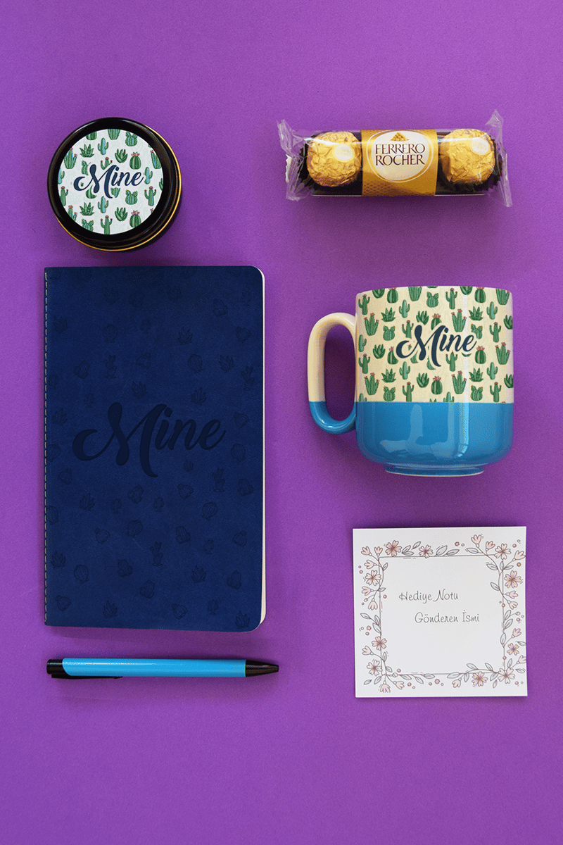 Desen Kaktüs Hediye Kutusu - Kişiye Özel Pro Kupa, Defter, Mum, Çikolata Ferrero Rocher 3'lü, Kalem