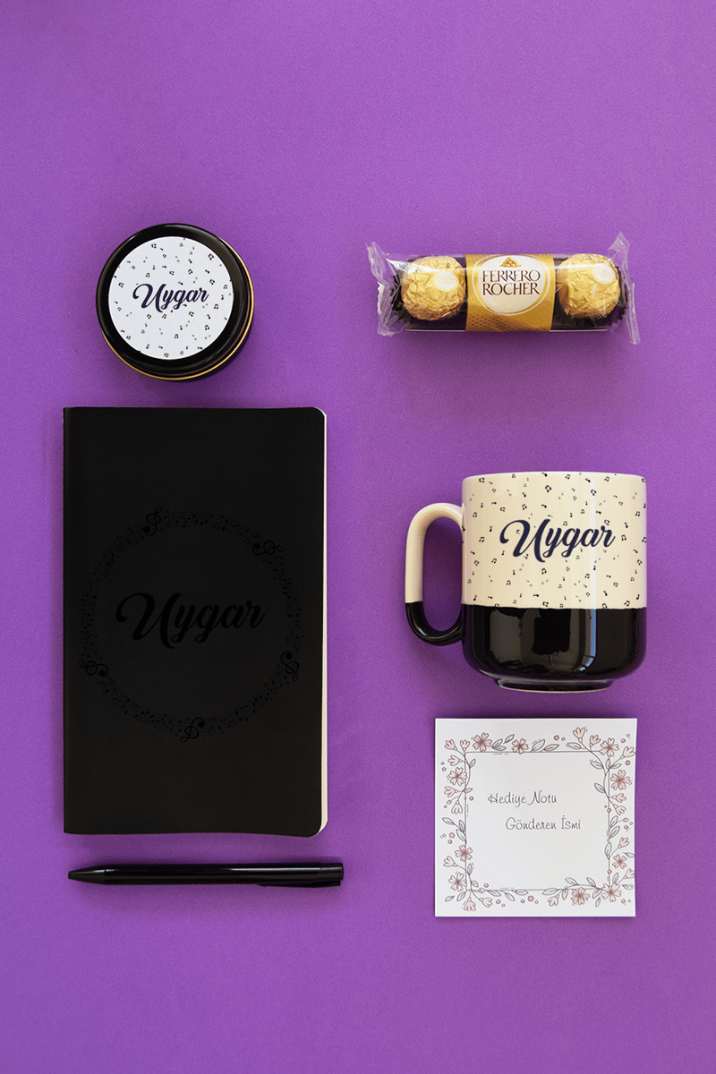 Desen Nota Müzik Hediye Kutusu - Kişiye Özel Pro Kupa, Defter, Mum, Çikolata Ferrero Rocher 3'lü, Kalem