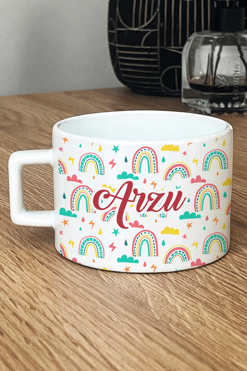 Gökkuşağı Desenli Hediye Kutusu - Kişiye Özel Lüks Fincan, Bere, Eldiven, Mum, Fotoğraf 10 Adet
