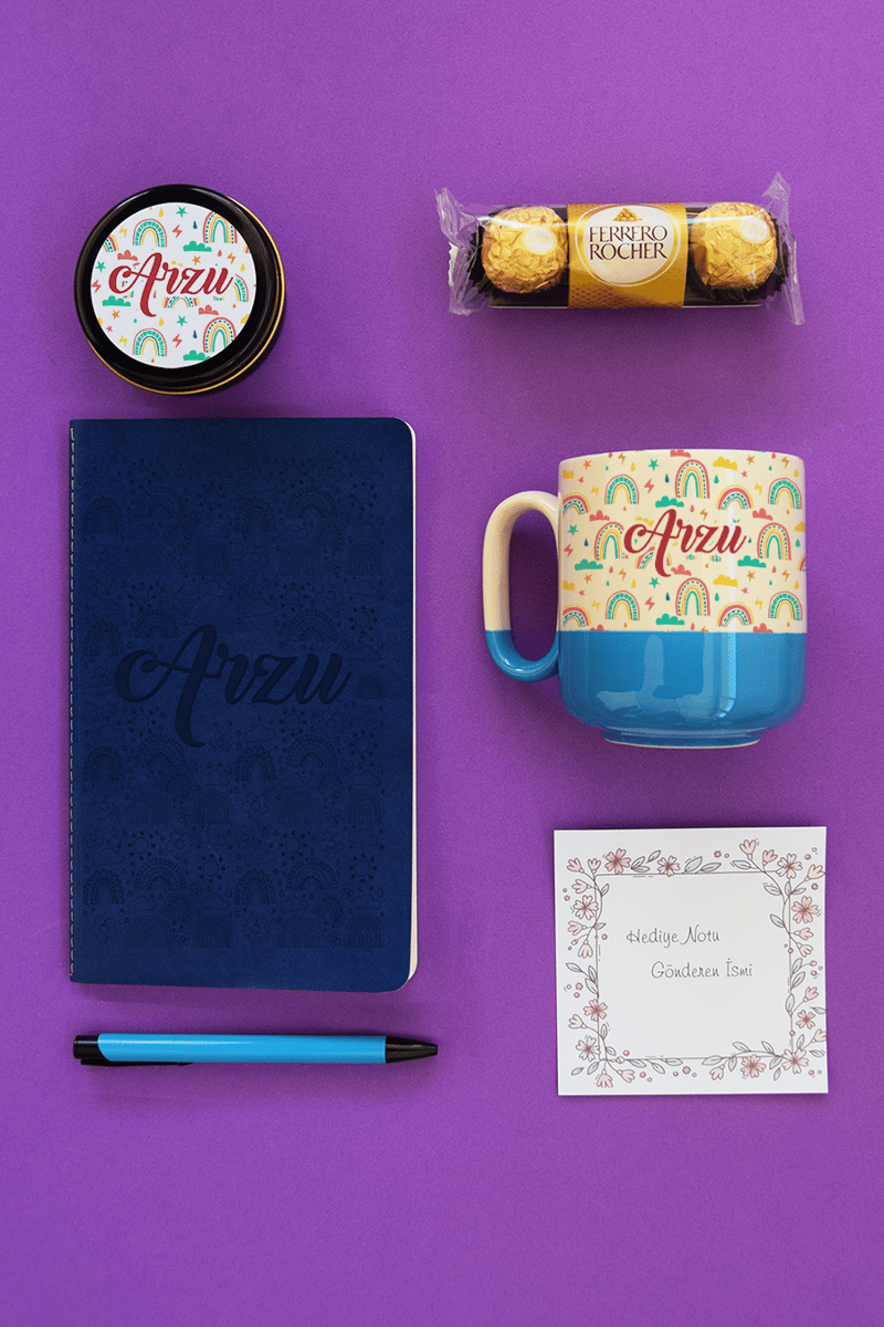 Gökkuşağı Desenli Hediye Kutusu - Kişiye Özel Pro Kupa, Defter, Mum, Çikolata Ferrero Rocher 3'lü, Kalem