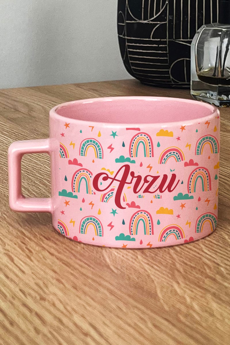 Gökkuşağı Desenli Hediye Kutusu - Kişiye Özel Lüks Pastel Fincan, El Kremi, Ahşap Fotoğraf Çerçevesi