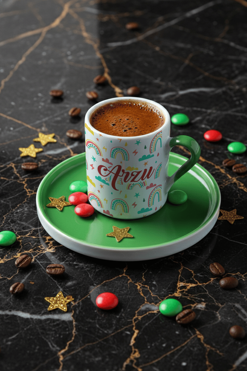 Gökkuşağı Desenli Kişiye Özel Türk Kahvesi Fincanı