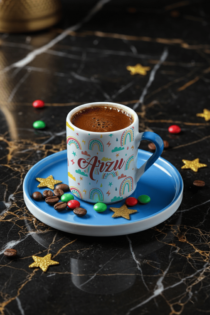 Gökkuşağı Desenli Kişiye Özel Türk Kahvesi Fincanı