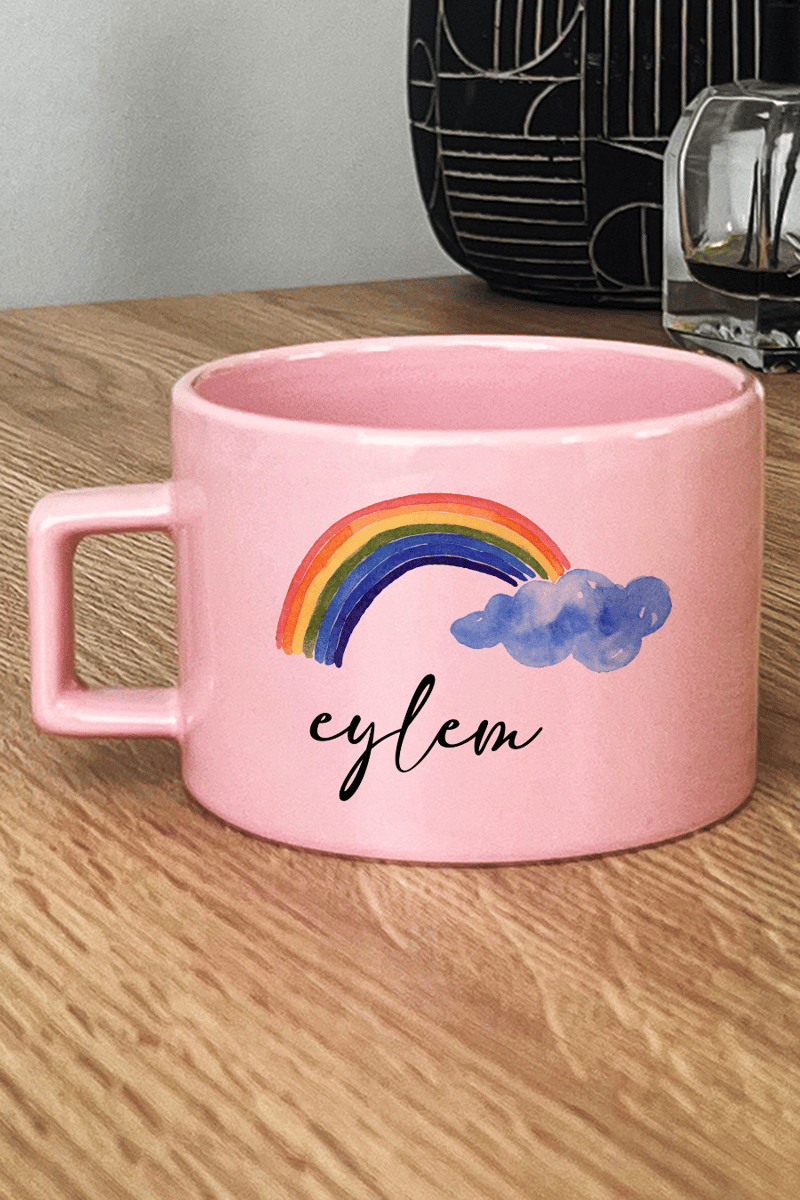 Gökkuşağı Hediye Kutusu - Kişiye Özel Lüks Pastel Fincan, El Kremi, Ahşap Fotoğraf Çerçevesi