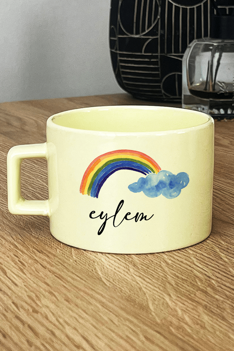 Gökkuşağı Hediye Kutusu - Kişiye Özel Lüks Pastel Fincan, El Kremi, Ahşap Fotoğraf Çerçevesi