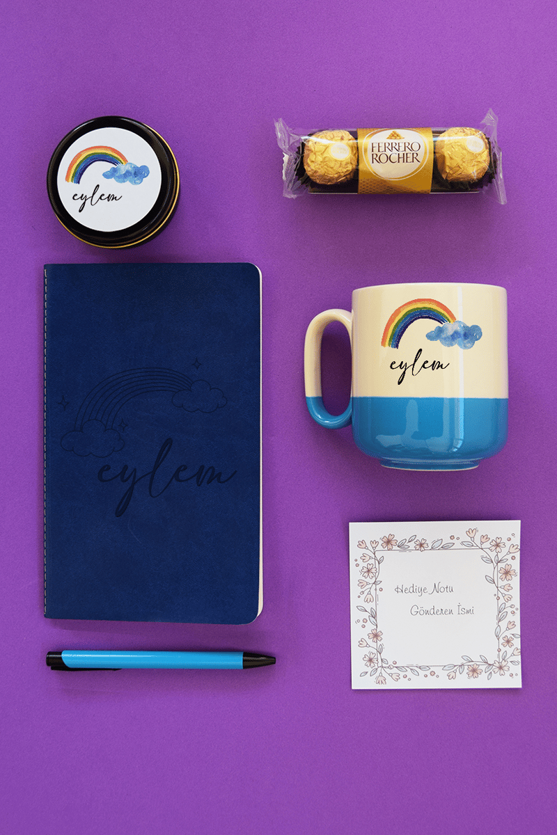 Gökkuşağı Hediye Kutusu - Kişiye Özel Pro Kupa, Defter, Mum, Çikolata Ferrero Rocher 3'lü, Kalem