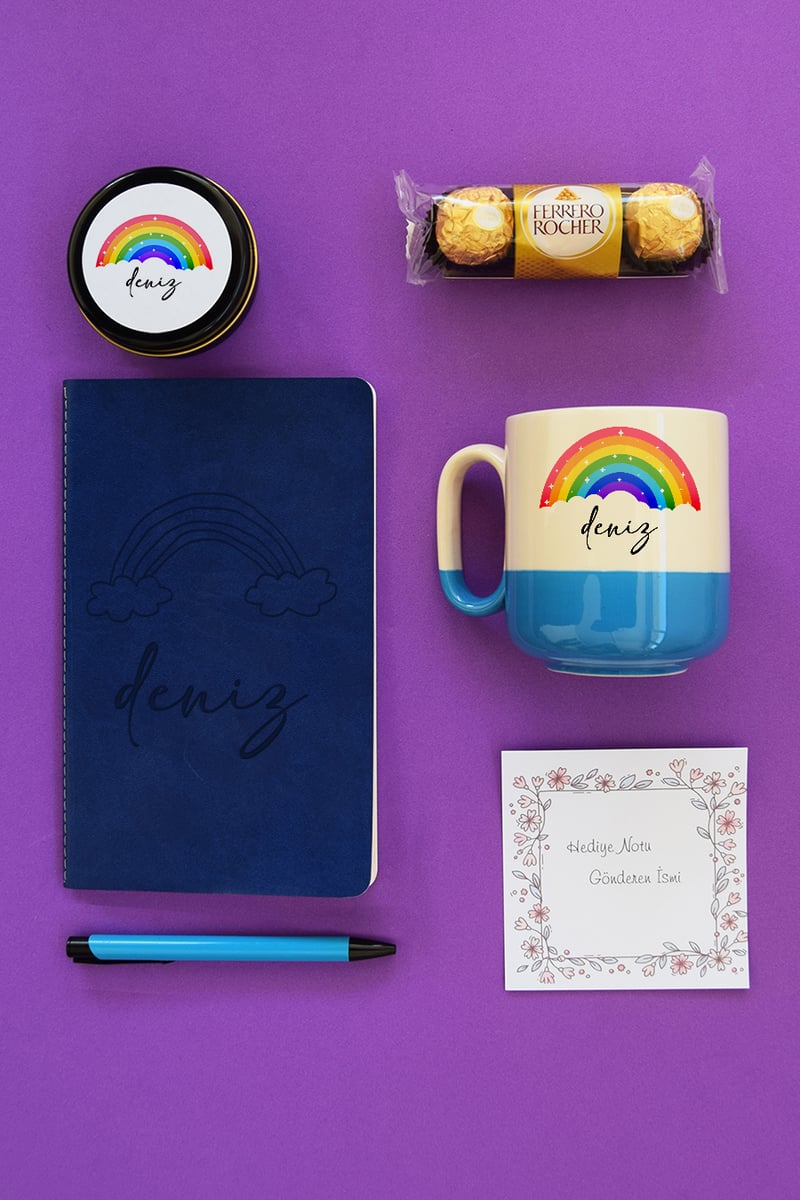 Gökkuşağı Hediye Kutusu - Kişiye Özel Pro Kupa, Defter, Mum, Çikolata Ferrero Rocher 3'lü, Kalem