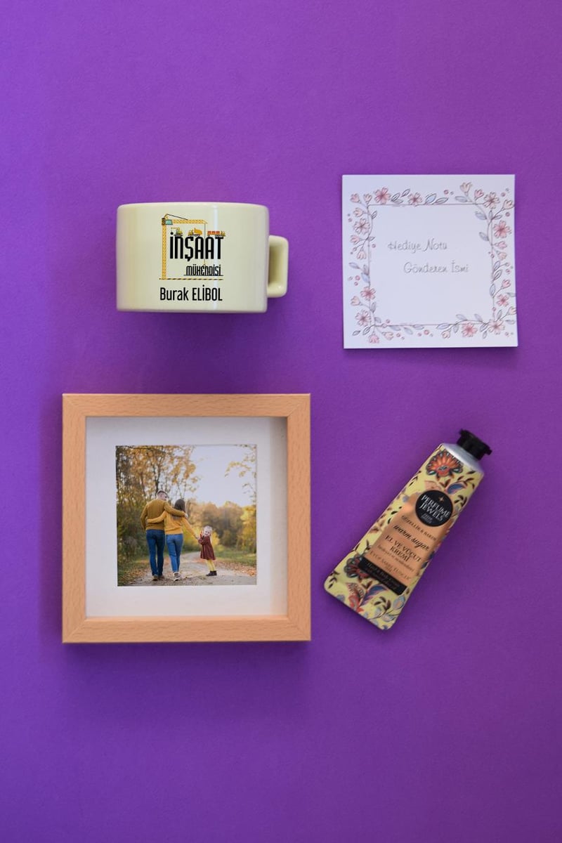 İnşaat Mühendisi Hediye Kutusu - Kişiye Özel Lüks Pastel Fincan, El Kremi, Ahşap Fotoğraf Çerçevesi