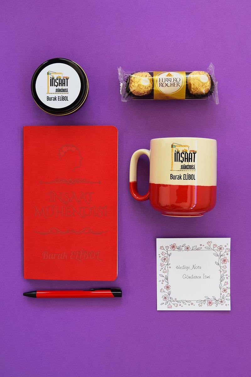 İnşaat Mühendisi Hediye Kutusu - Kişiye Özel Pro Kupa, Defter, Mum, Çikolata Ferrero Rocher 3'lü, Kalem