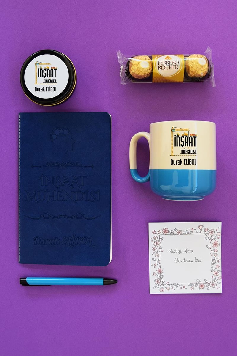 İnşaat Mühendisi Hediye Kutusu - Kişiye Özel Pro Kupa, Defter, Mum, Çikolata Ferrero Rocher 3'lü, Kalem