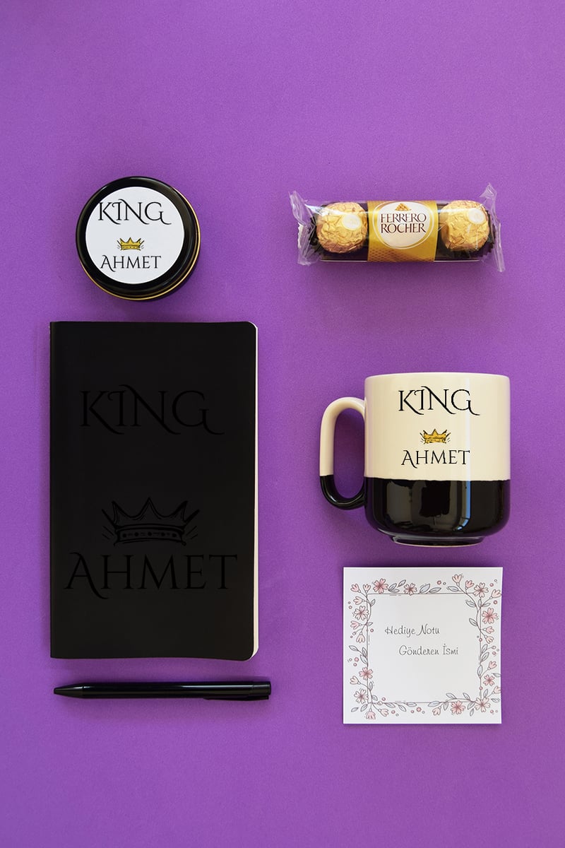 King Hediye Kutusu - Kişiye Özel Pro Kupa, Defter, Mum, Çikolata Ferrero Rocher 3'lü, Kalem