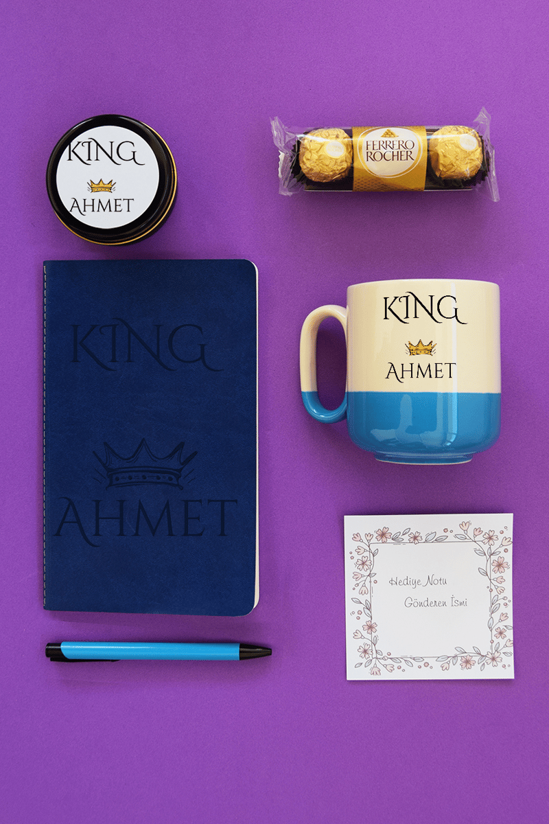 King Hediye Kutusu - Kişiye Özel Pro Kupa, Defter, Mum, Çikolata Ferrero Rocher 3'lü, Kalem