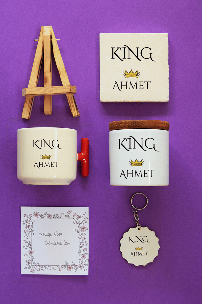 King Hediye Kutusu - Kişiye Özel T Kupa, Seramik Kalemlik, Dekoratif Taş İsimlik, Güneş Anahtarlık
