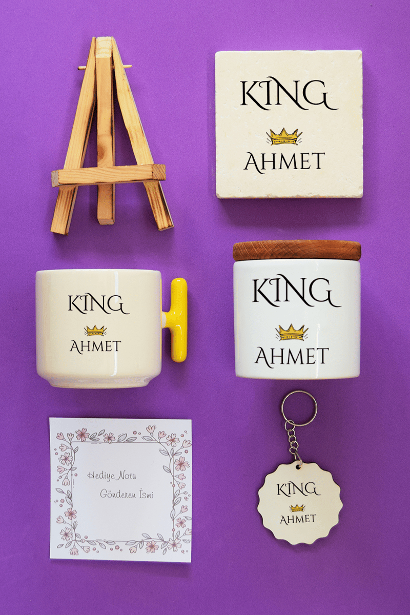 King Hediye Kutusu - Kişiye Özel T Kupa, Seramik Kalemlik, Dekoratif Taş İsimlik, Güneş Anahtarlık